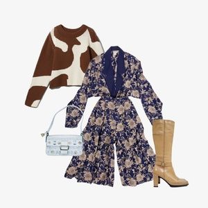 Vintage culottes blazer pant set navy floral casual wide leg palazzo